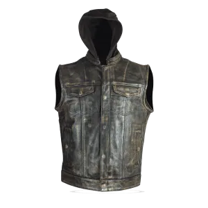 HMM914HDB Distressed Brown Motorcycle Club Leather Vest with Hood