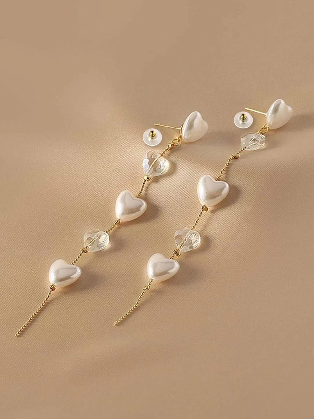 Kairangi Earrings For Women Gold Tone Hearts Pearl and Stone Attached Long Chain Drop Dangler Earrings For Women and Girls