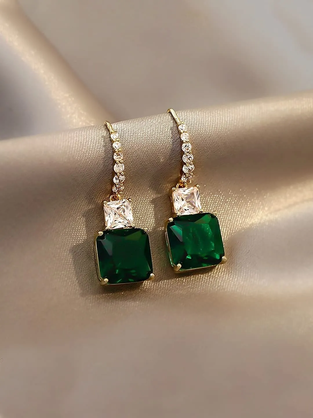 Kairangi Earrings For Women Green Color Crystal Studded Huggie Hoop With Rectangular Drop Earrings For Women and Girls