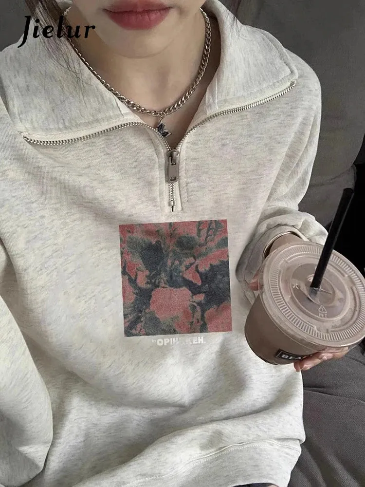 Loose Printing Polo Neck Female Hoodies Fashion Simple Office Ladies Solid Color Zipper Casual Pullovers Women's Hoodies