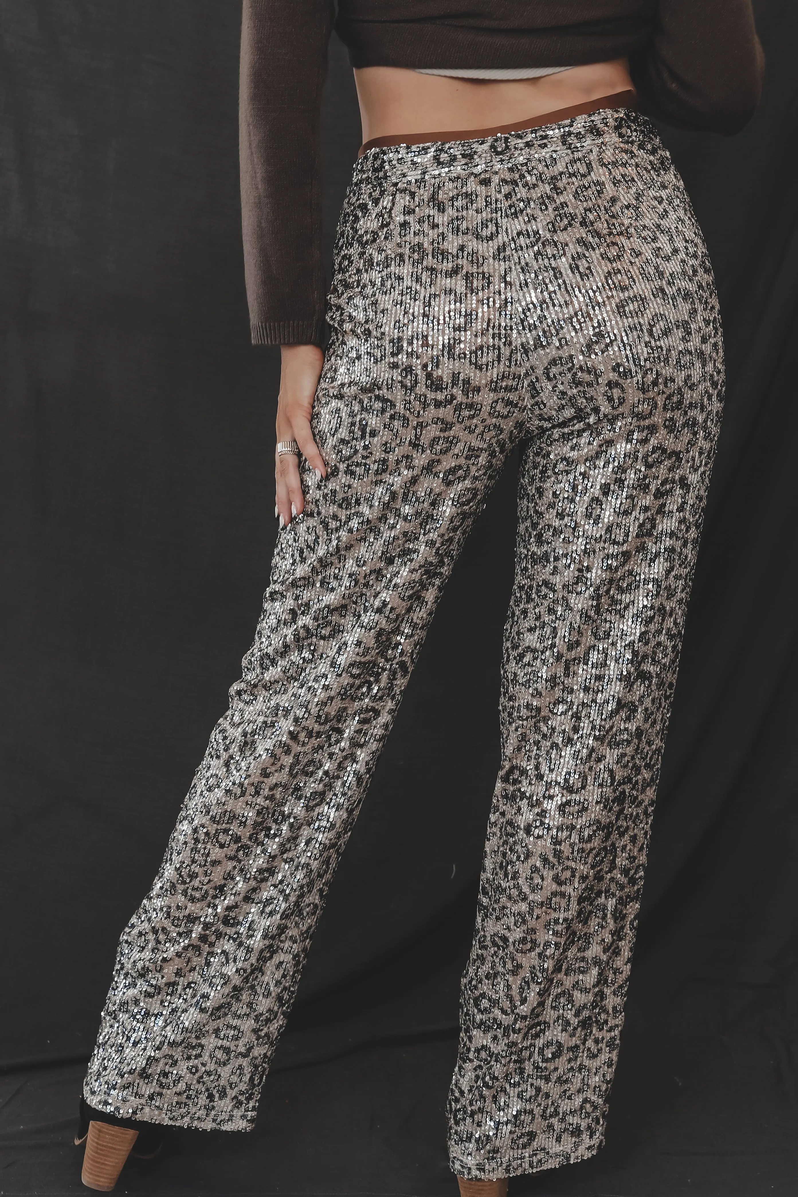 Lots Of Attention Leopard Sequin Flare Pants