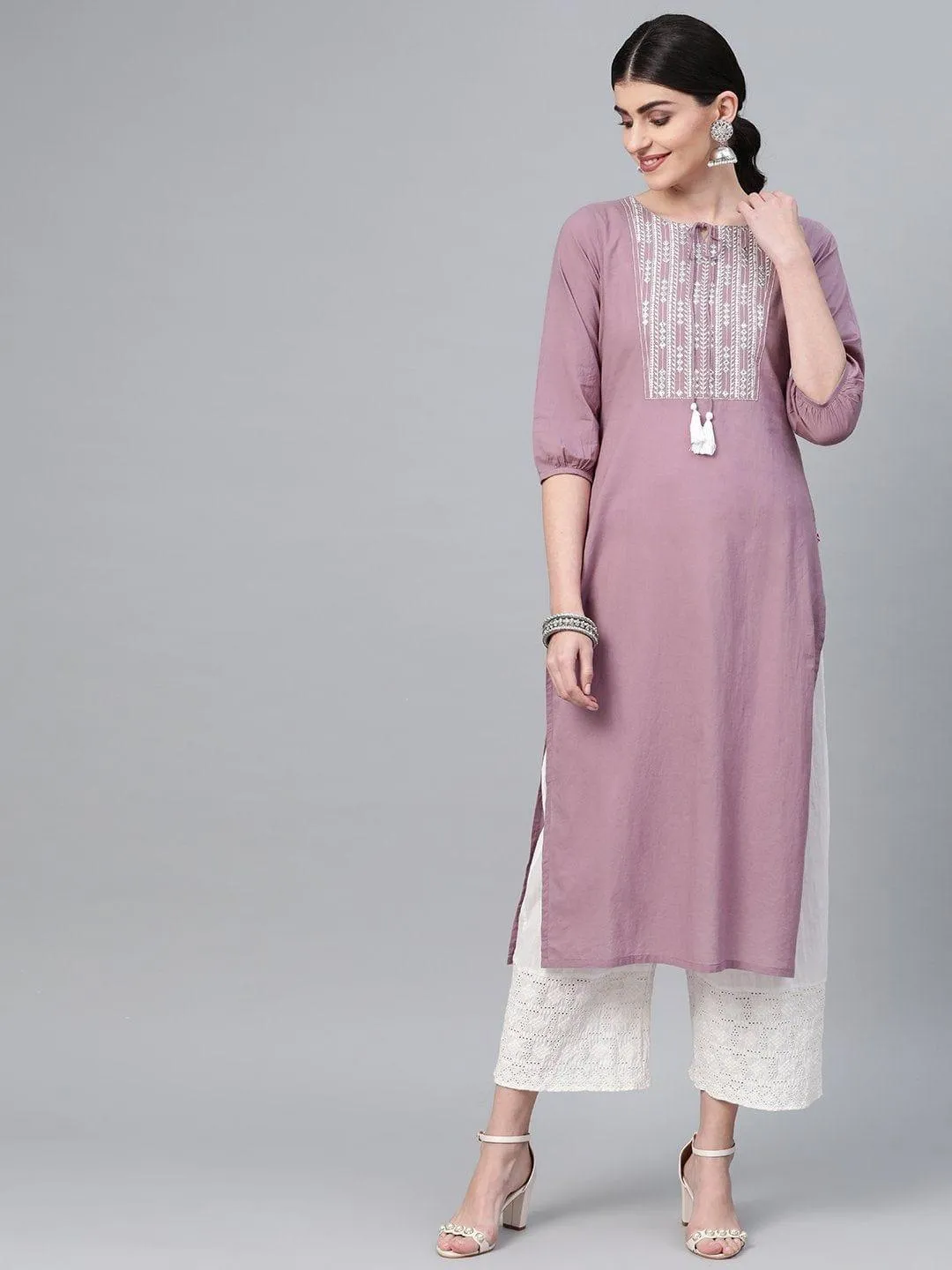 Mauve Straight Kurta With Zari