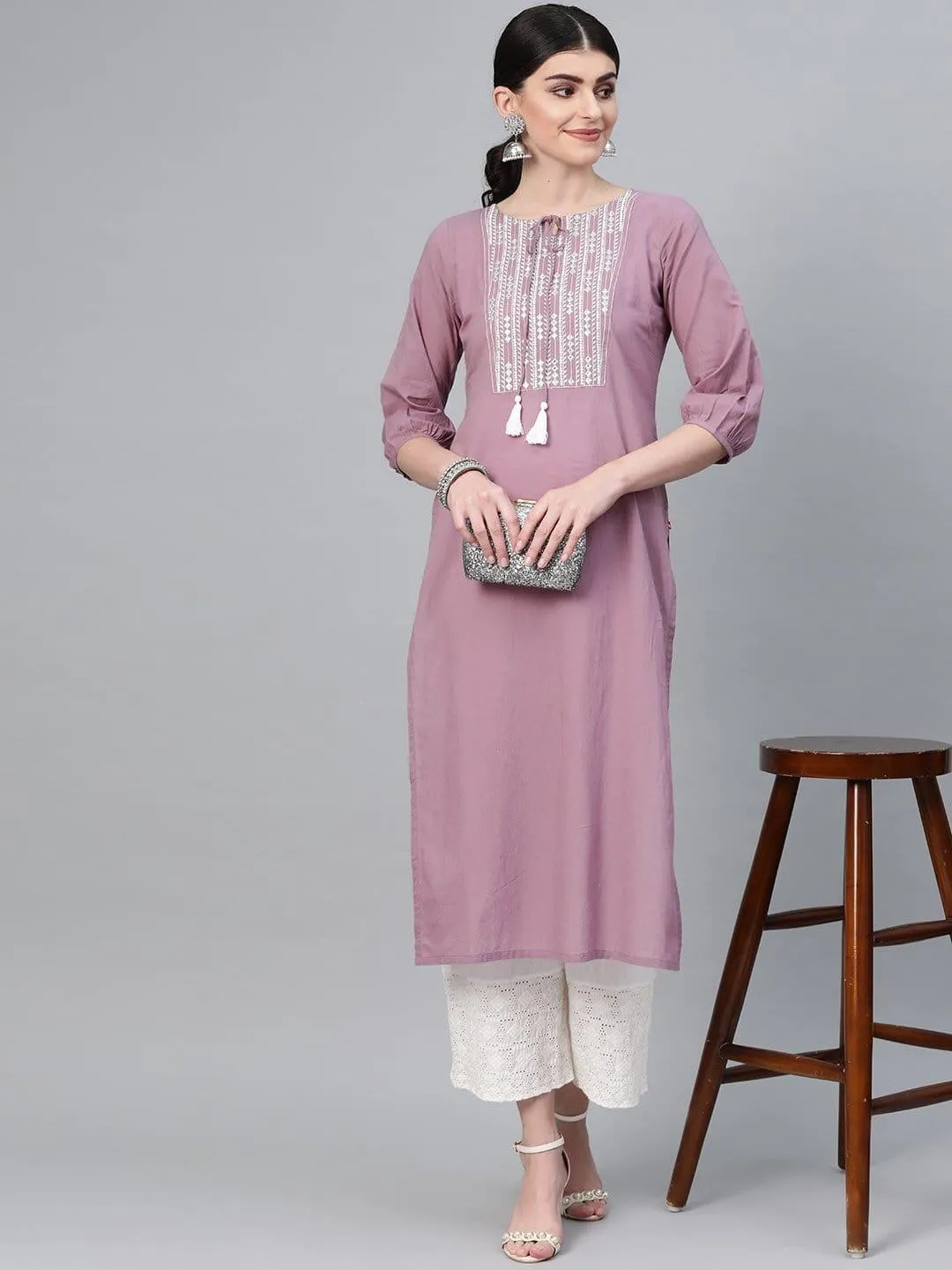 Mauve Straight Kurta With Zari