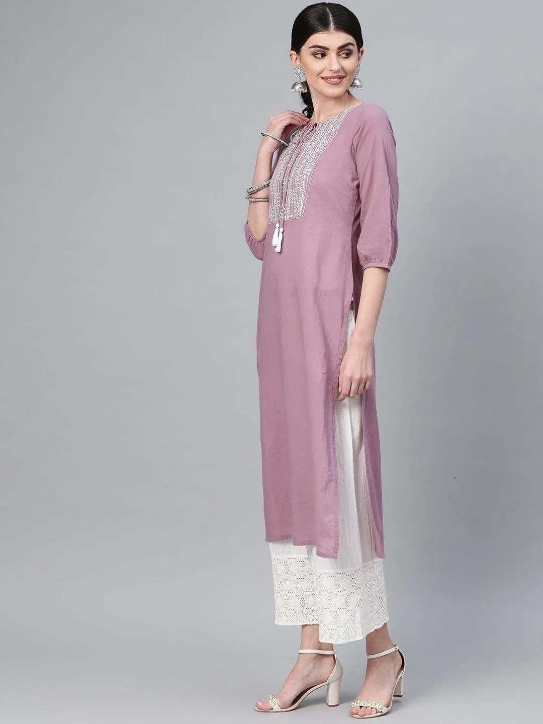 Mauve Straight Kurta With Zari