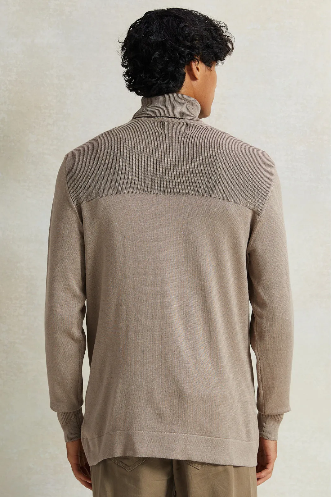 Men Beige Solid High-Neck Pullover