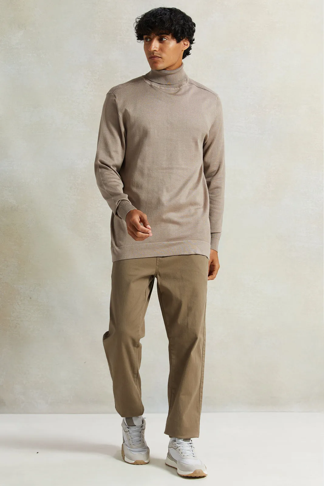 Men Beige Solid High-Neck Pullover