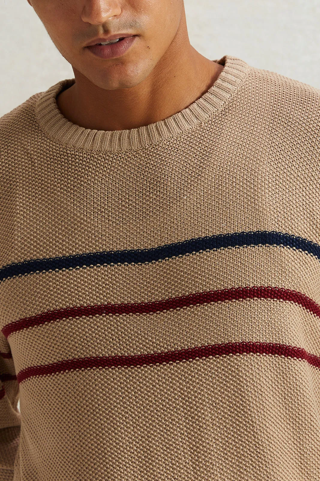 Men Beige Striped Pullover