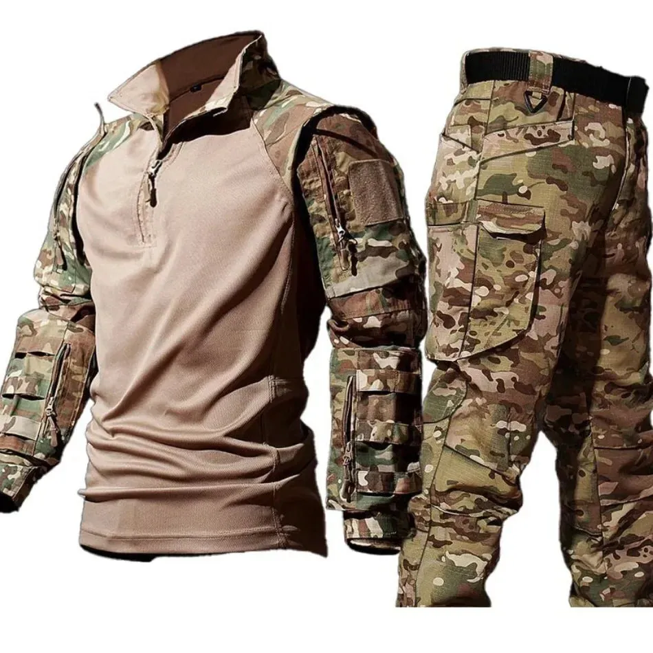 Men Camo Suit Waterproof Tactical Training Set Multi-pocket Work Wear Shirts Pants