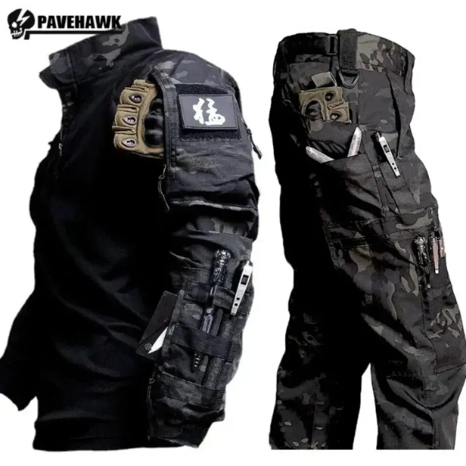 Men Camo Suit Waterproof Tactical Training Set Multi-pocket Work Wear Shirts Pants