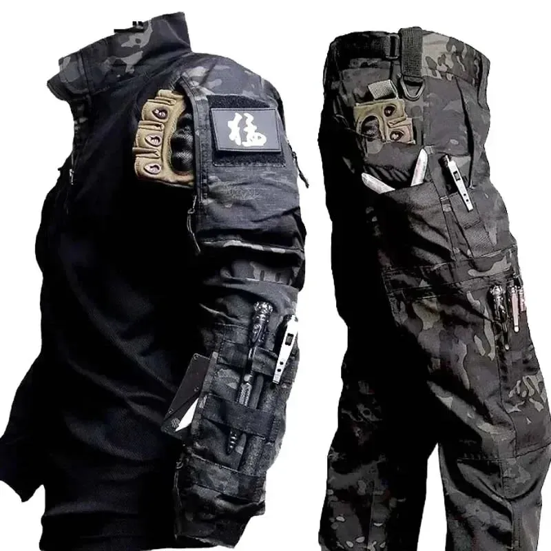 Men Camo Suit Waterproof Tactical Training Set Multi-pocket Work Wear Shirts Pants