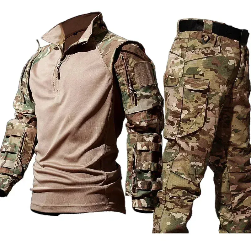 Men Camo Suit Waterproof Tactical Training Set Multi-pocket Work Wear Shirts Pants