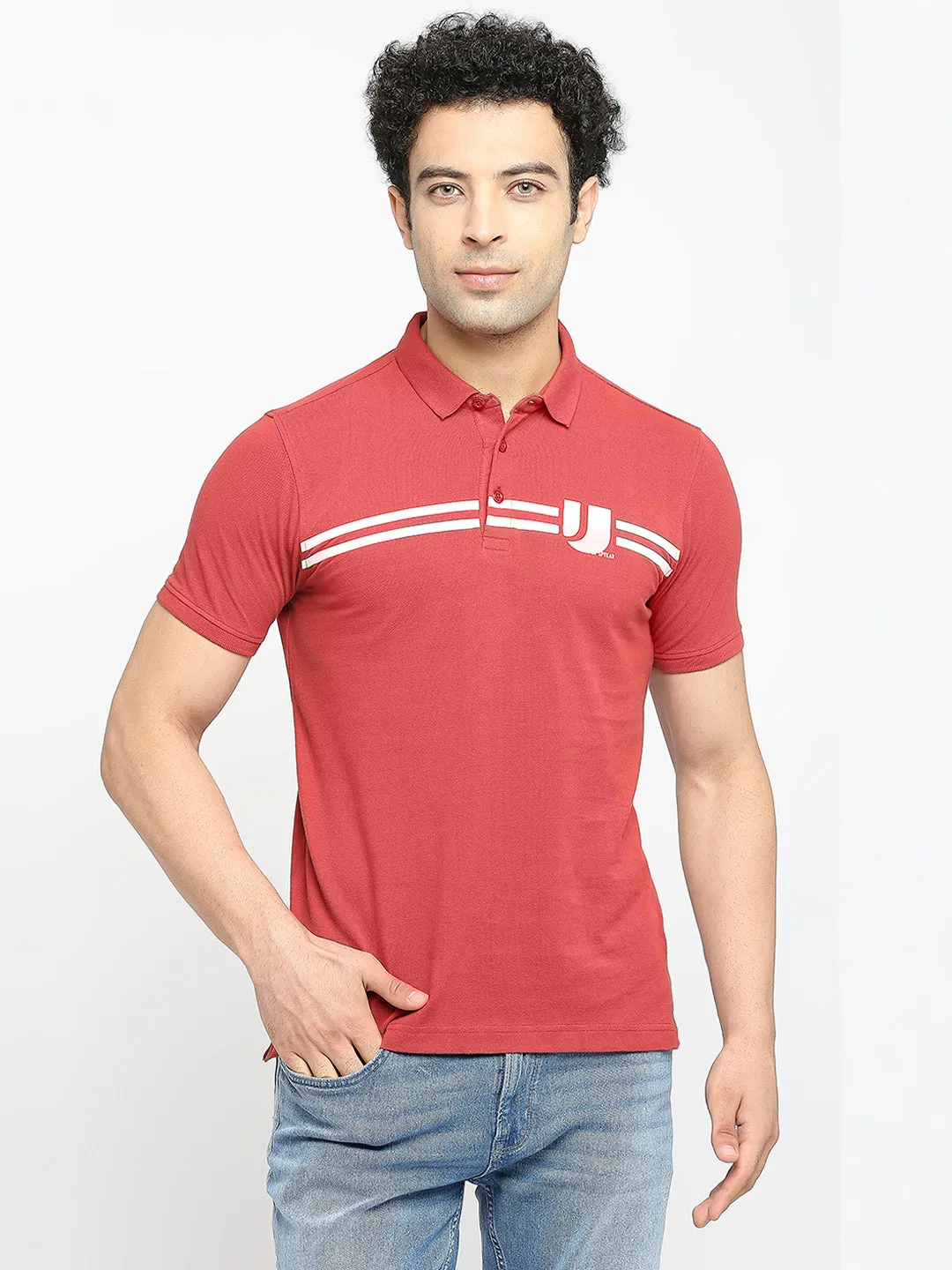 Men Premium Cotton Brick Red Polo T-Shirt- Underjeans By Spykar