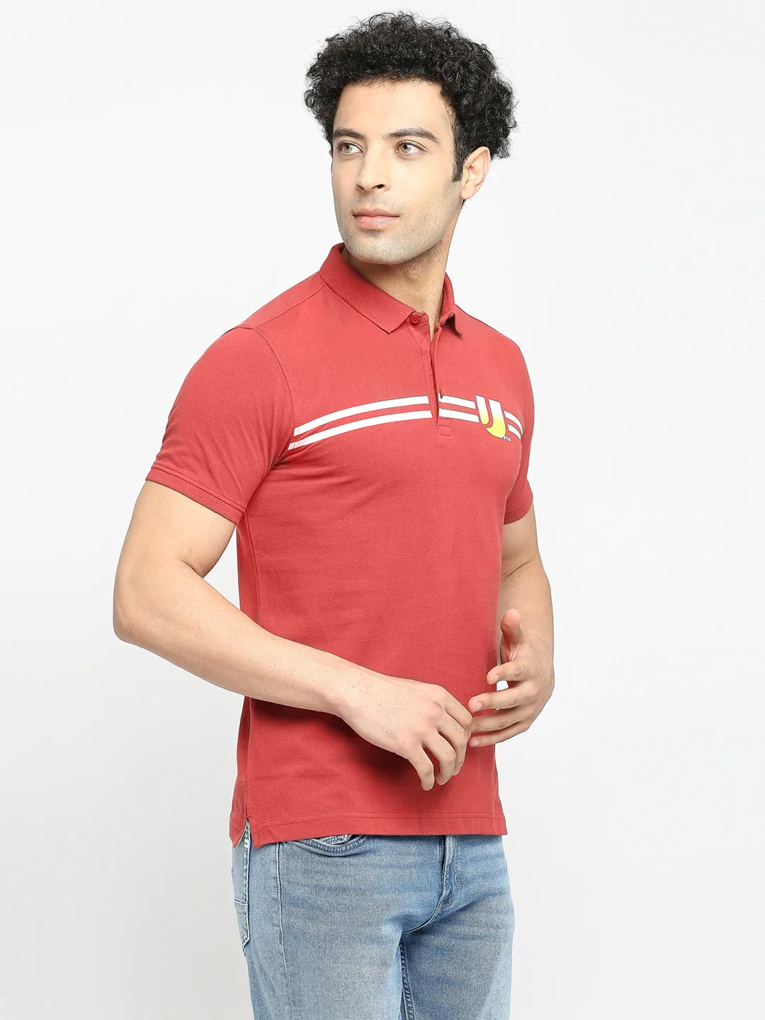 Men Premium Cotton Brick Red Polo T-Shirt- Underjeans By Spykar