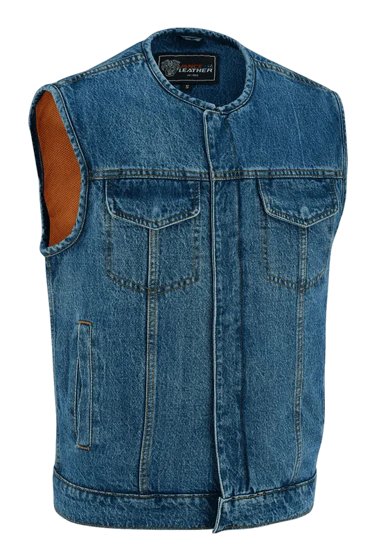 Men's Blue Denim Collarless Club Vest with Conceal Carry Pockets