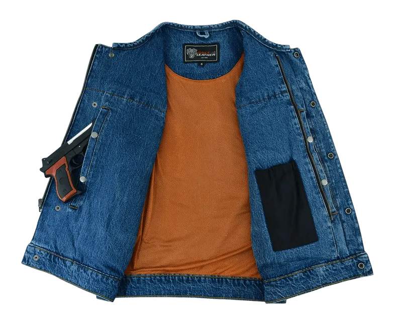 Men's Blue Denim Collarless Club Vest with Conceal Carry Pockets