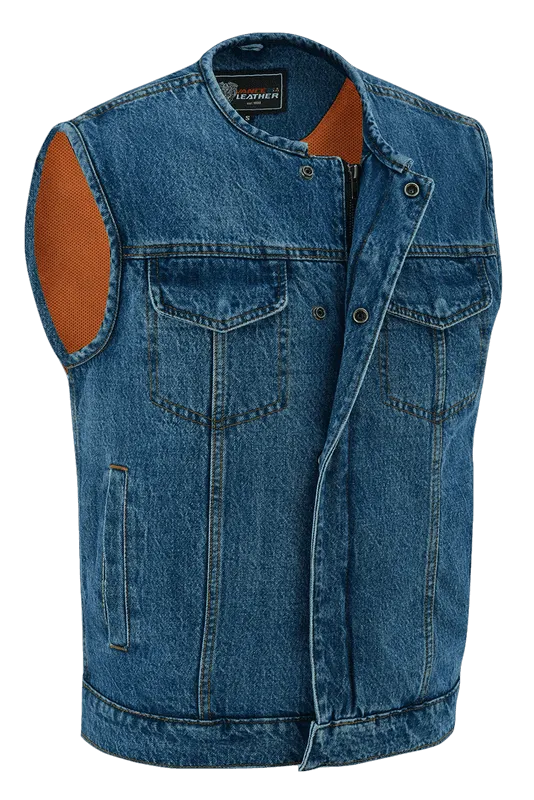 Men's Blue Denim Collarless Club Vest with Conceal Carry Pockets