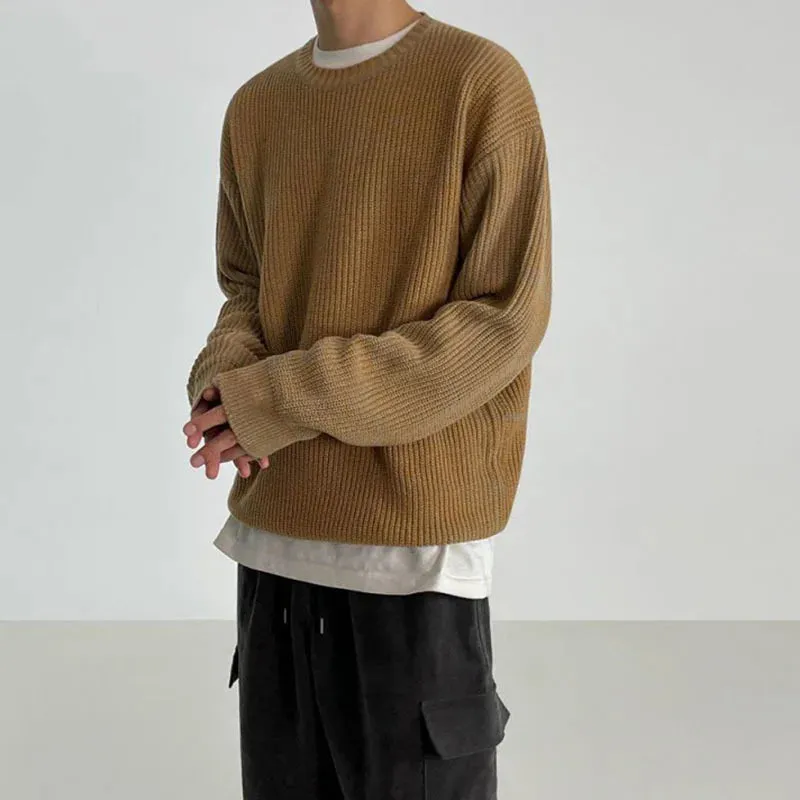 Men's Sweaters Korean Fashion Round Collar Solid Color Baggy Male Knitting Pullovers Casual Men Wear Spring 9C2829