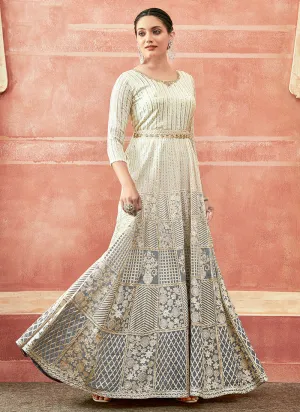 Off White And Grey Designer Embroidery Anarkali Suit