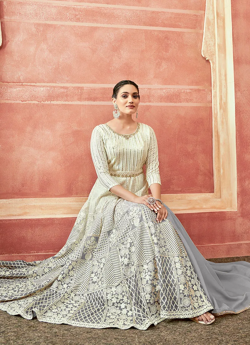 Off White And Grey Designer Embroidery Anarkali Suit