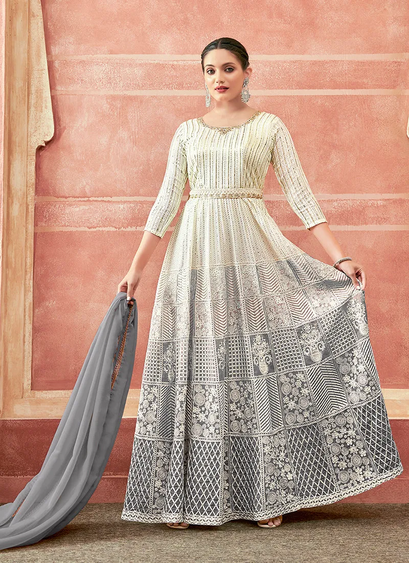 Off White And Grey Designer Embroidery Anarkali Suit