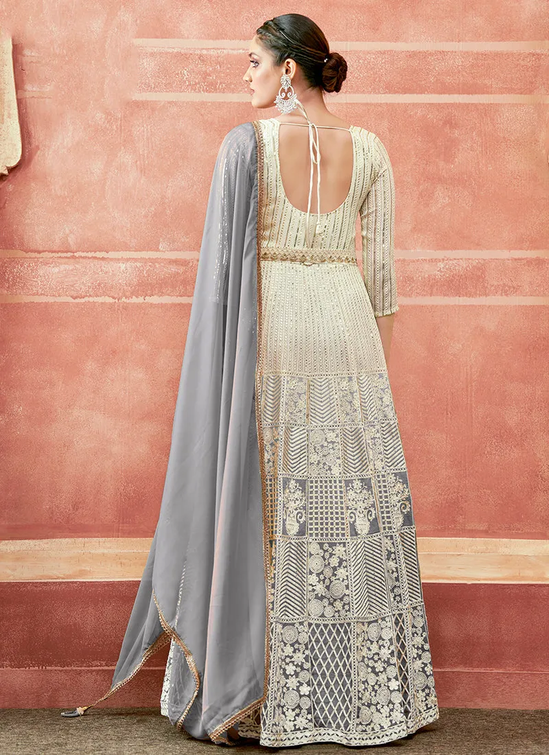 Off White And Grey Designer Embroidery Anarkali Suit