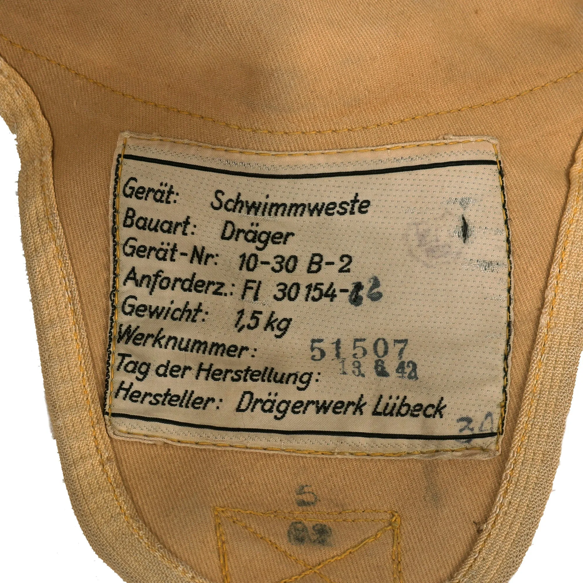 Original Rare German WWII Personalized 1942 Dated Luftwaffe Life Vest Type 10-30 B-2 by Drägerwerk Lübeck