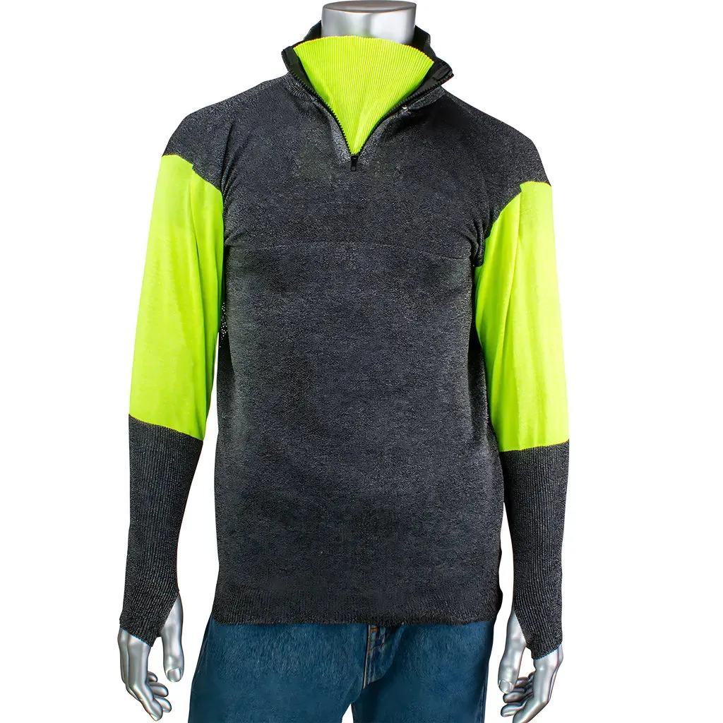 PIP PJG145-3CM-HVB-TH-M ATA Blended Cut Resistant 1/4 Zip Pullover with Hi-Vis Sleeves and Thumb Holes