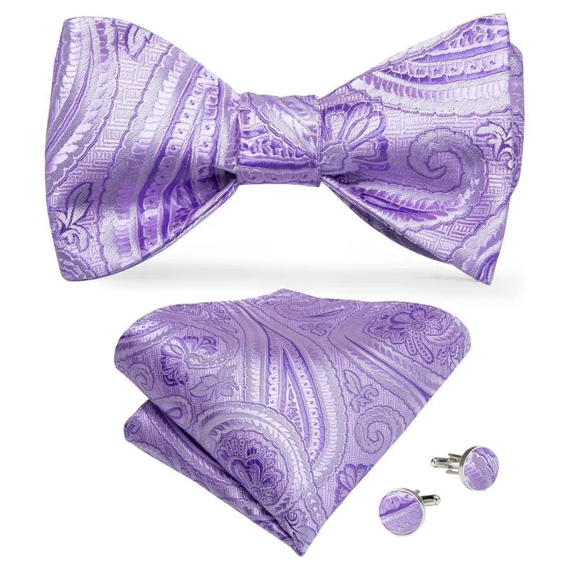 Purple Paisley Self-Bowtie Pocket Square Cufflinks Set With Brooch