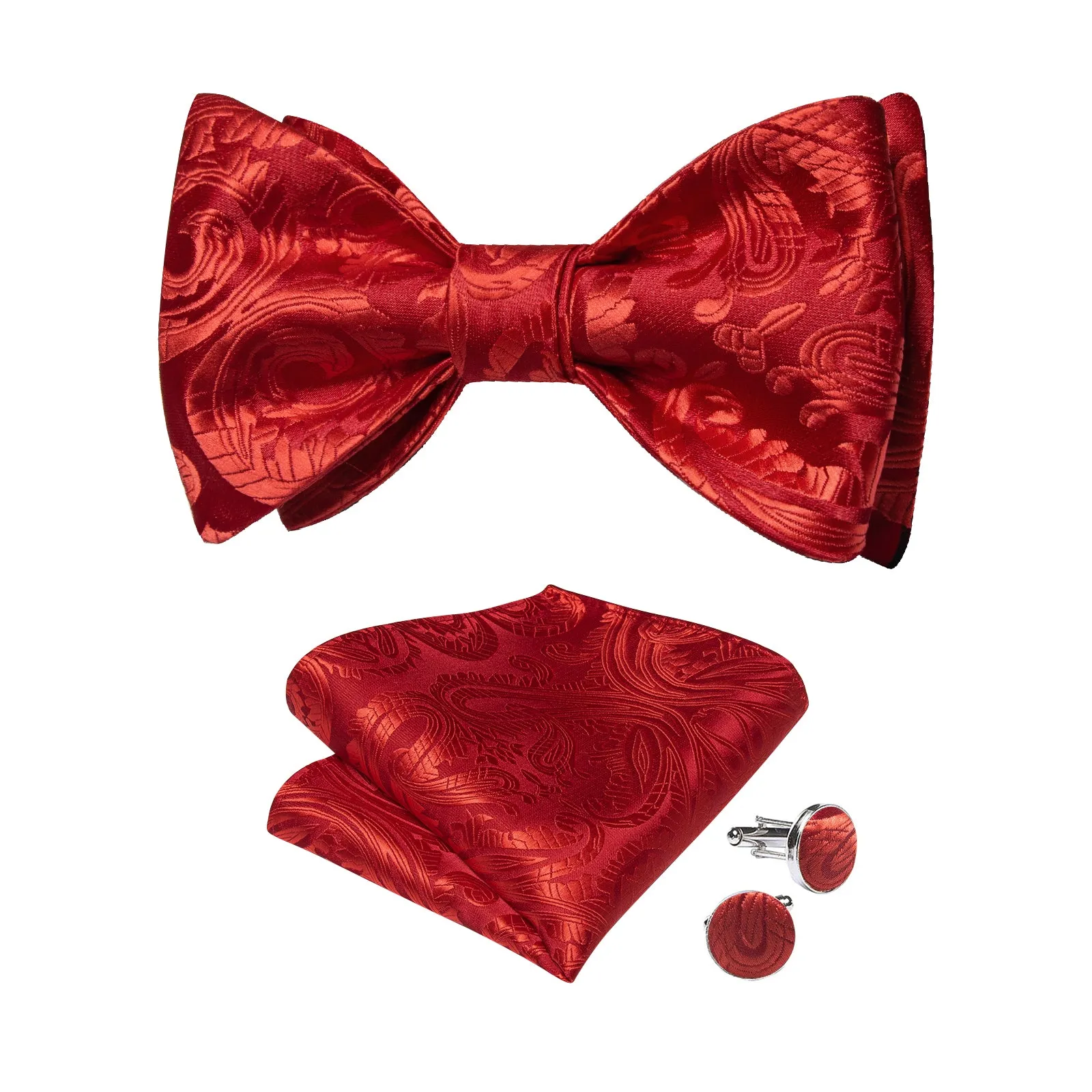 Red Floral Silk Self-Bowtie Pocket Square Cufflinks Set