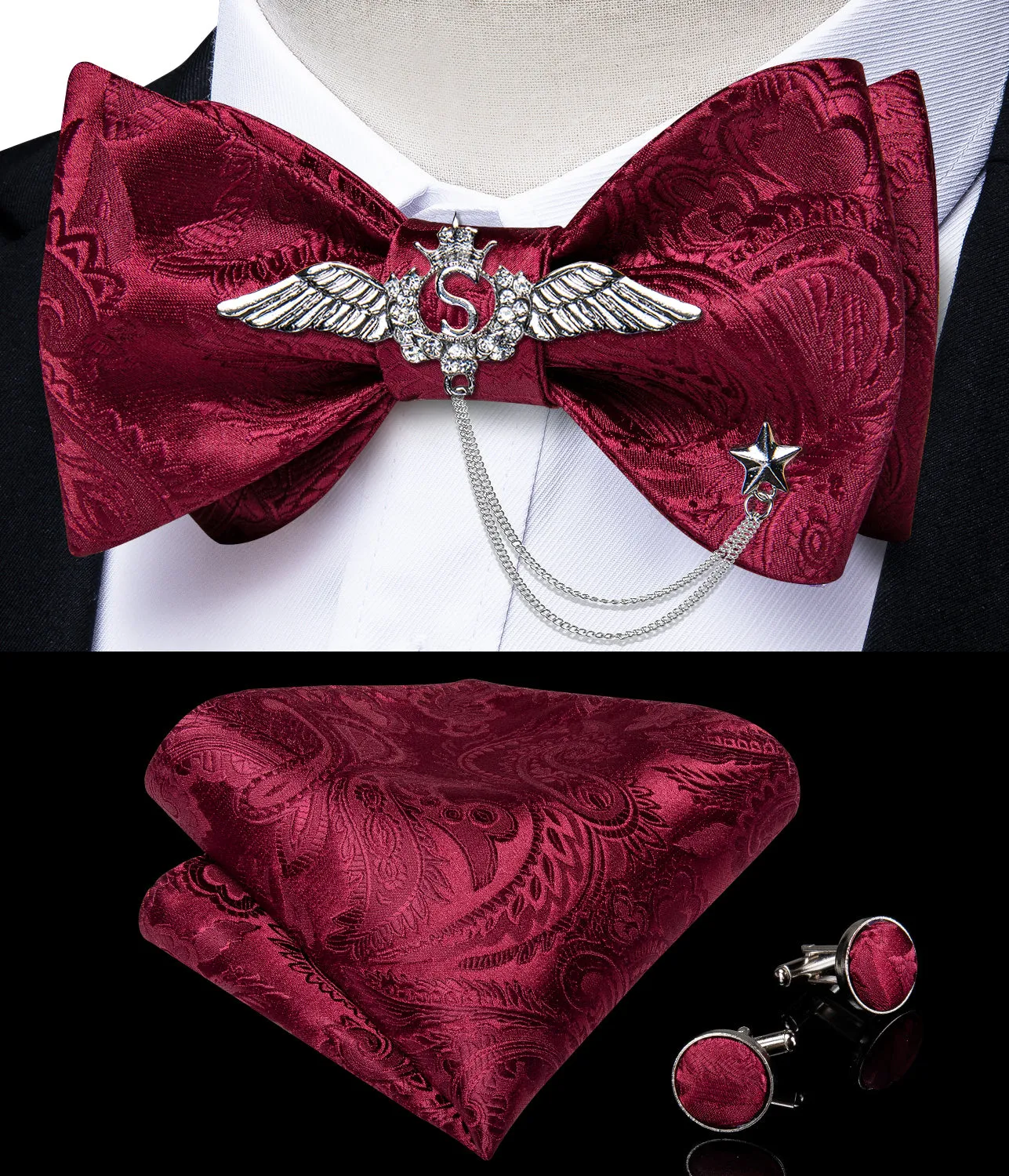 Red Paisley Self-Bowtie Pocket Square Cufflinks With Wing Lapel Pin