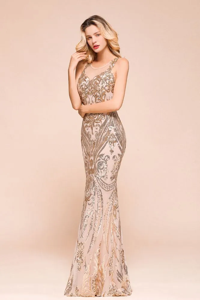 Sexy Sleeveless Mermaid Prom Gown Sparkly Gold Pattern Floor Length Straps Evening Dress