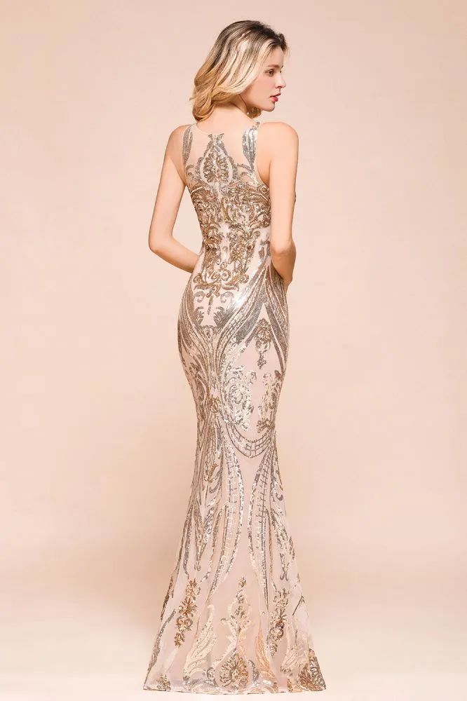 Sexy Sleeveless Mermaid Prom Gown Sparkly Gold Pattern Floor Length Straps Evening Dress