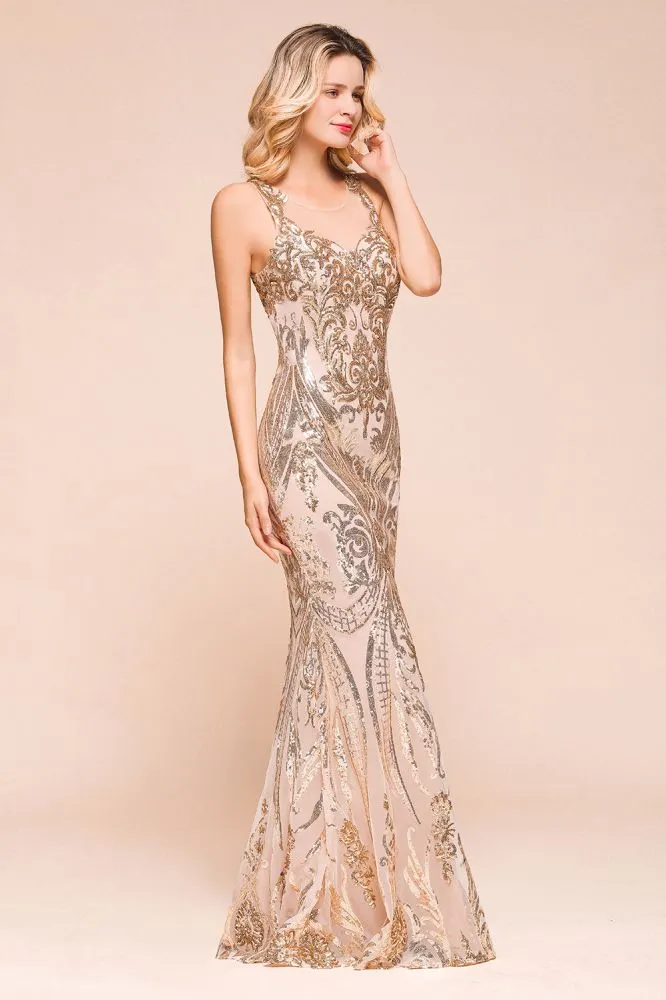 Sexy Sleeveless Mermaid Prom Gown Sparkly Gold Pattern Floor Length Straps Evening Dress