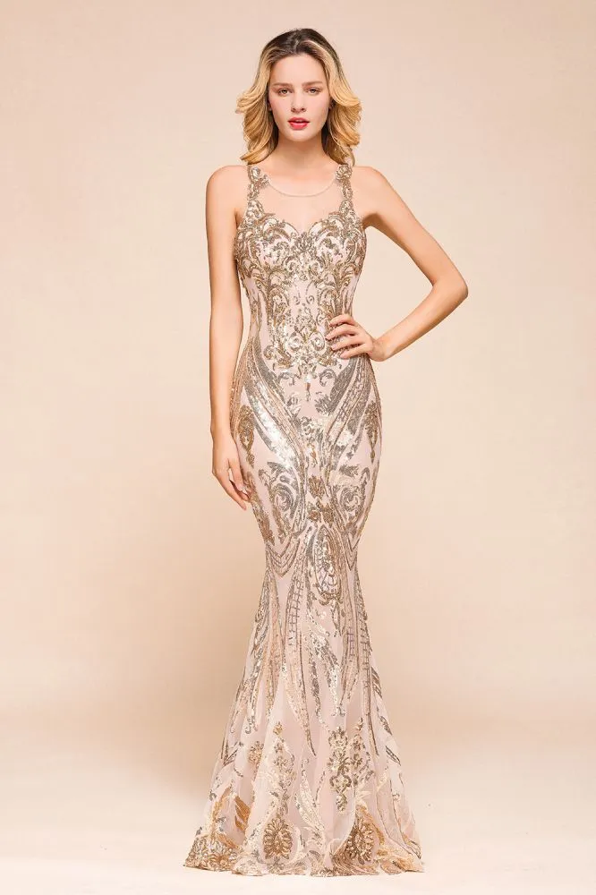 Sexy Sleeveless Mermaid Prom Gown Sparkly Gold Pattern Floor Length Straps Evening Dress