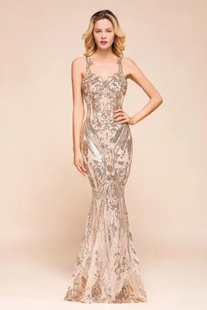 Sexy Sleeveless Mermaid Prom Gown Sparkly Gold Pattern Floor Length Straps Evening Dress