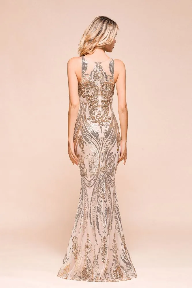 Sexy Sleeveless Mermaid Prom Gown Sparkly Gold Pattern Floor Length Straps Evening Dress