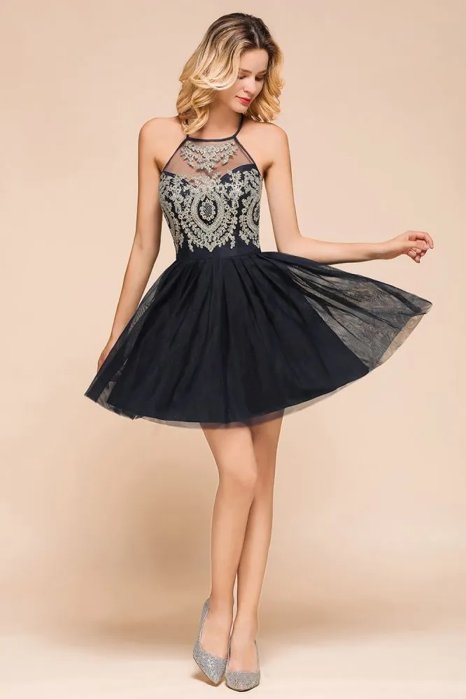 Sleeveless Appliques Tulle Homecoming Dress Mini Prom Dress