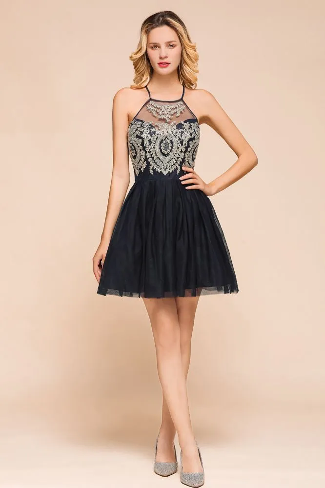 Sleeveless Appliques Tulle Homecoming Dress Mini Prom Dress