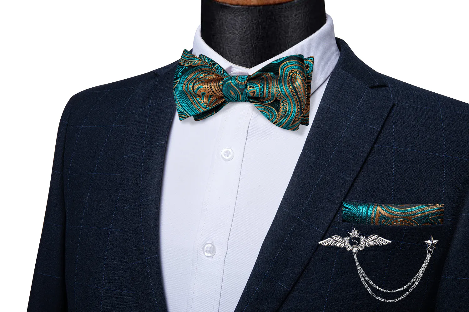 Teal Orange Paisley Self-Bowtie Pocket Square Cufflinks With Wing Lapel Pin Brooch