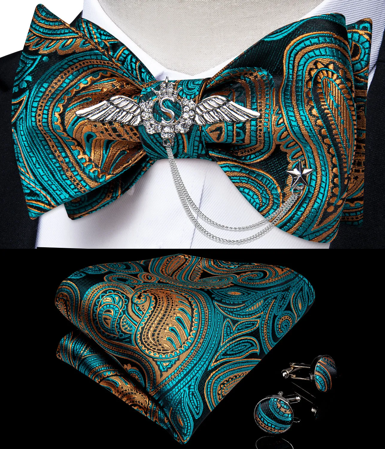 Teal Orange Paisley Self-Bowtie Pocket Square Cufflinks With Wing Lapel Pin Brooch