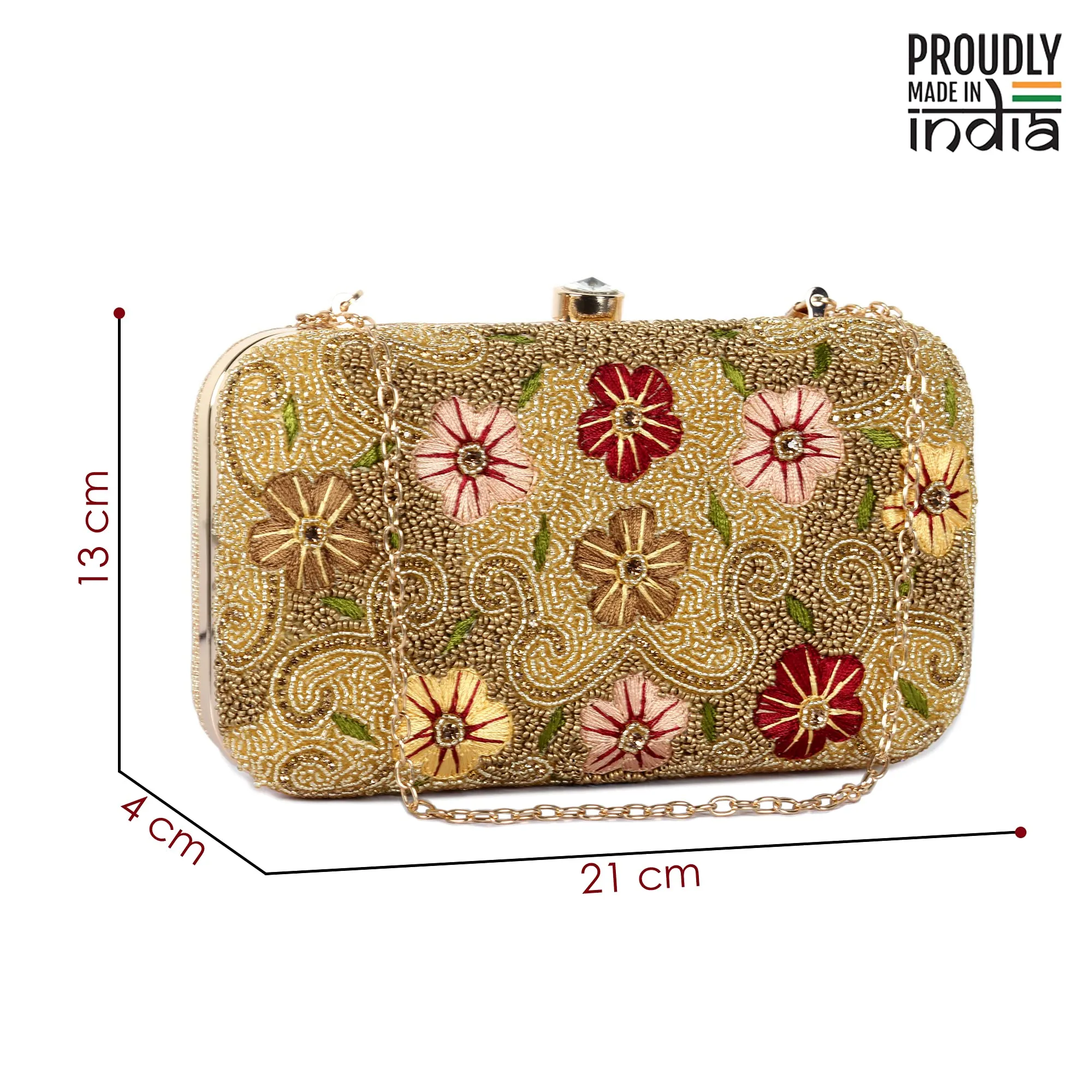 THE CLOWNFISH Senorita Collection Womens Party Clutch Ladies Wallet Evening Bag with Fashionable Round Corners Beads Work and Floral Embroidered Design (Yellow Ochre)