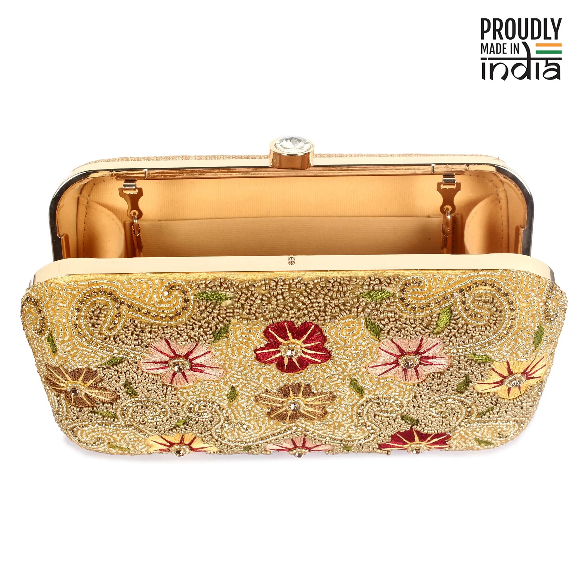 THE CLOWNFISH Senorita Collection Womens Party Clutch Ladies Wallet Evening Bag with Fashionable Round Corners Beads Work and Floral Embroidered Design (Yellow Ochre)