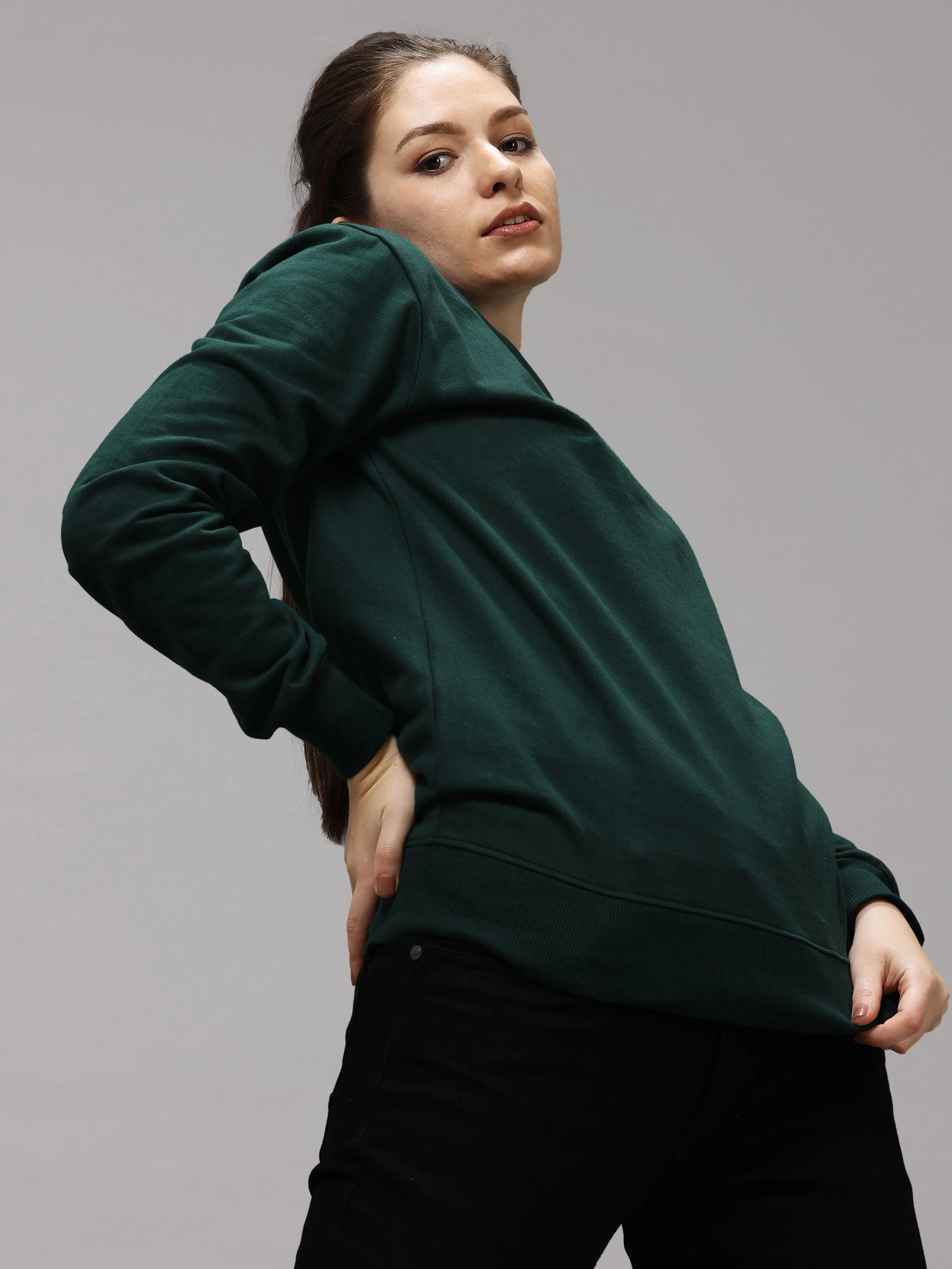 The Greenage Girl Solid Long Dark Green White Sweat Shirt