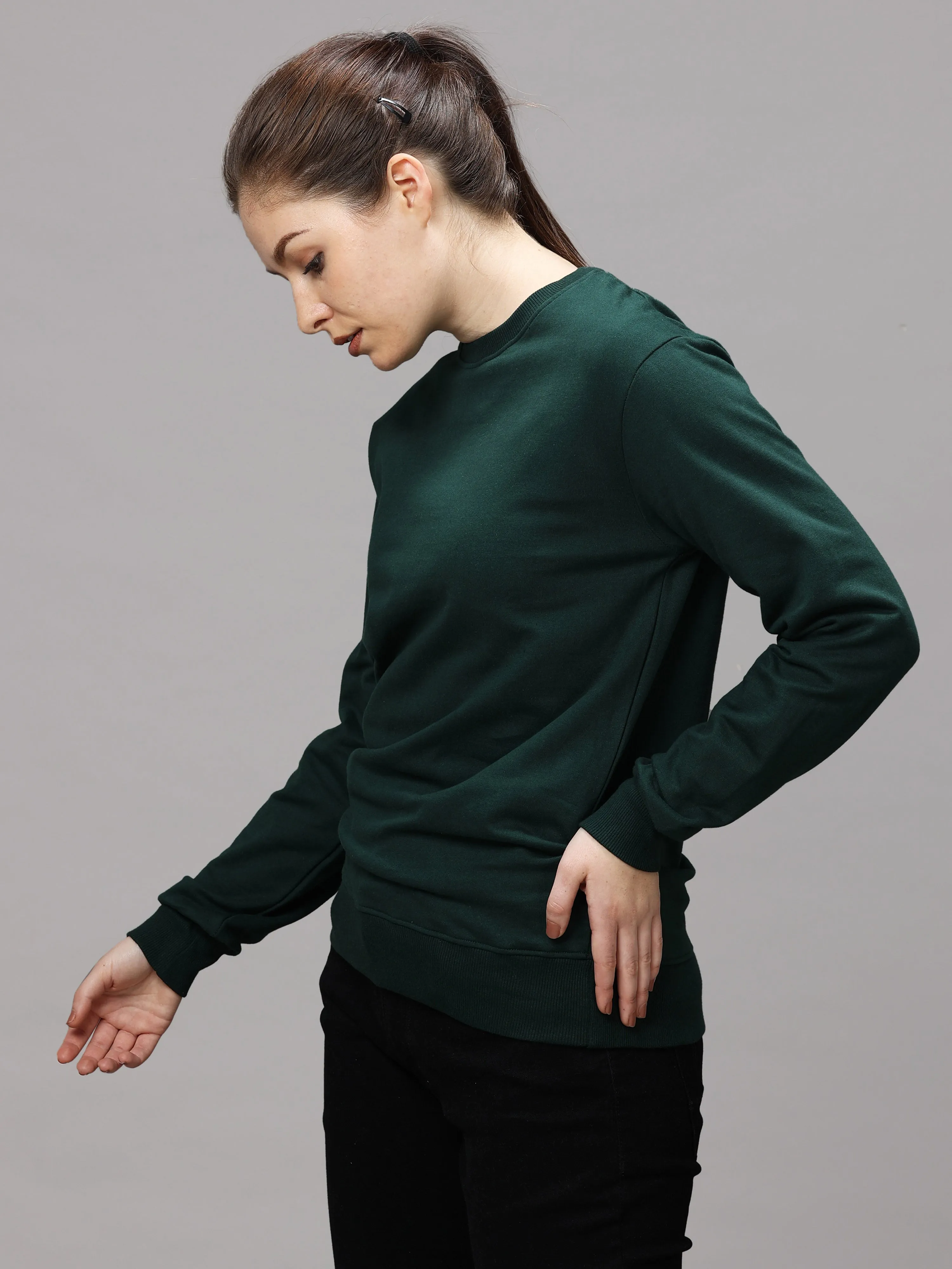 The Greenage Girl Solid Long Dark Green White Sweat Shirt