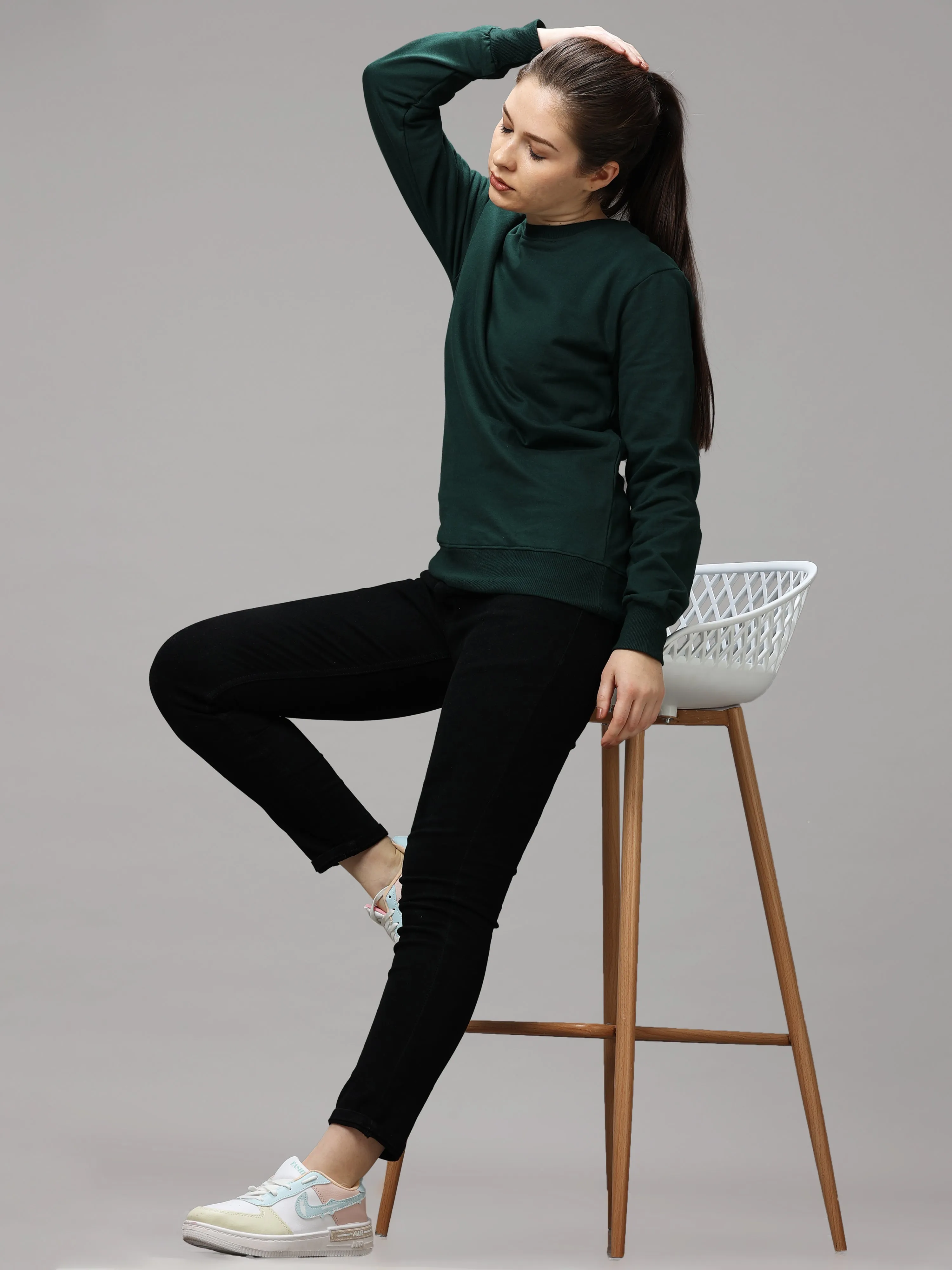 The Greenage Girl Solid Long Dark Green White Sweat Shirt