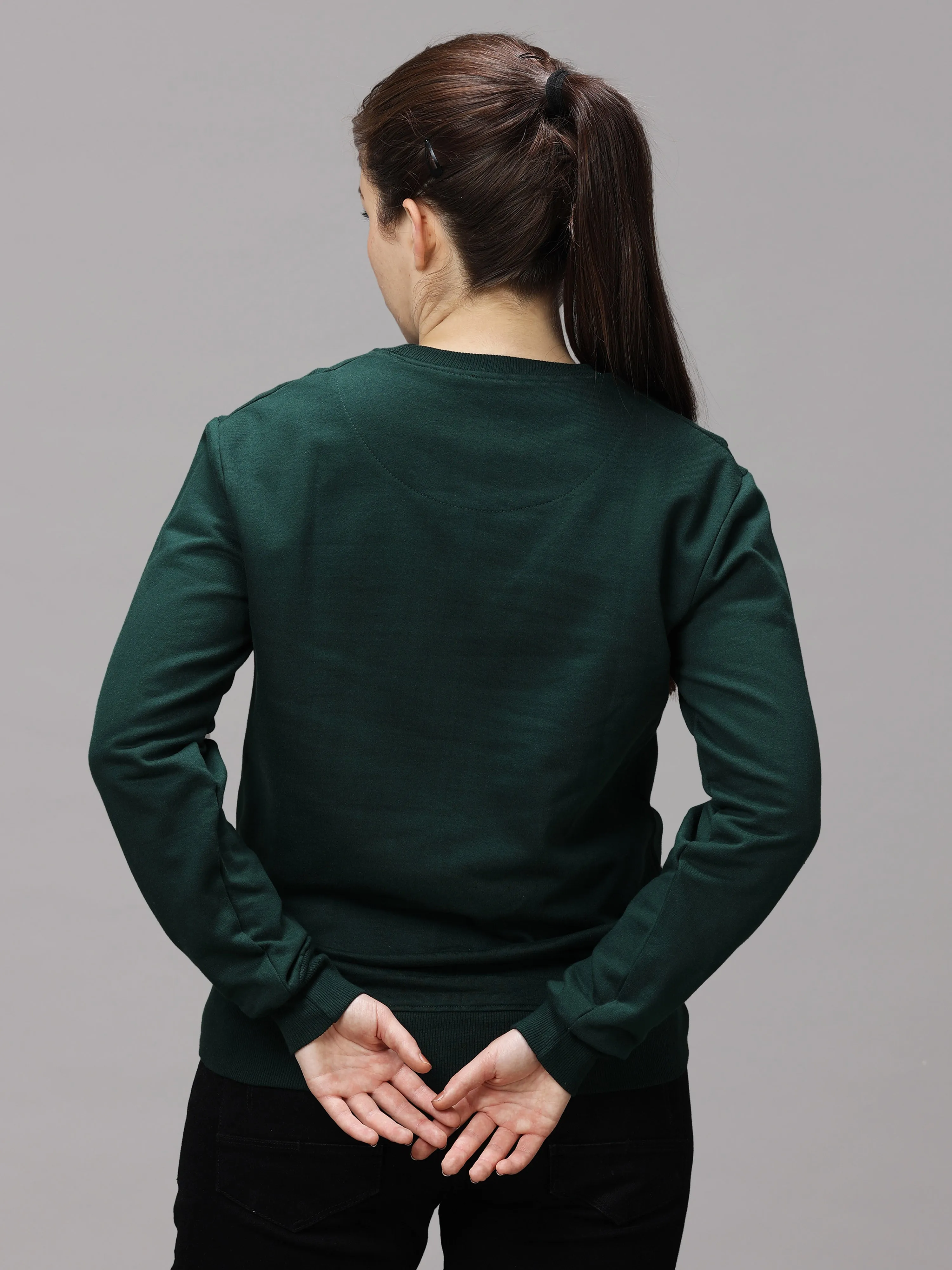 The Greenage Girl Solid Long Dark Green White Sweat Shirt