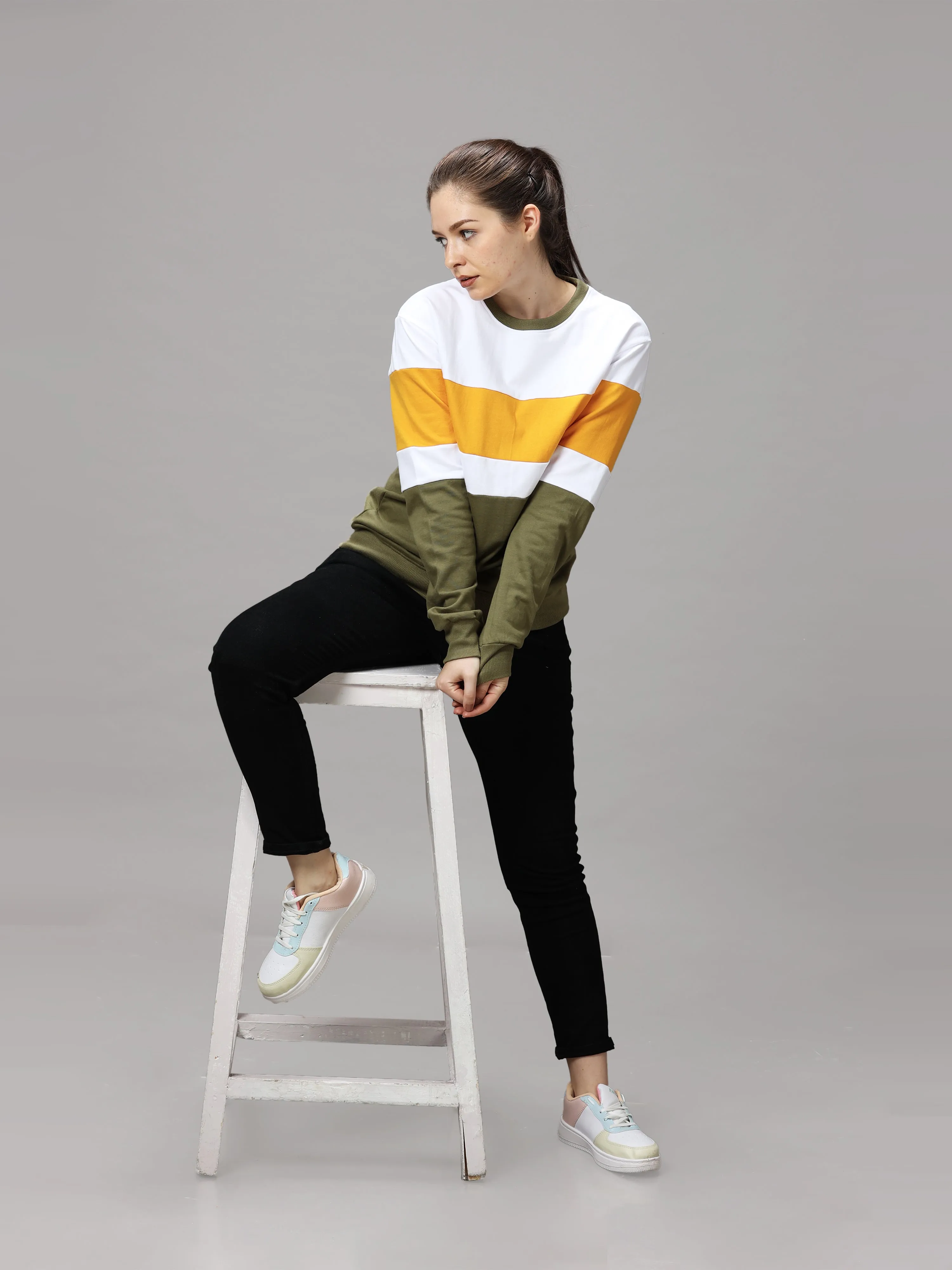 The Greenage Girl Solid Long Yellow White Sweat Shirt