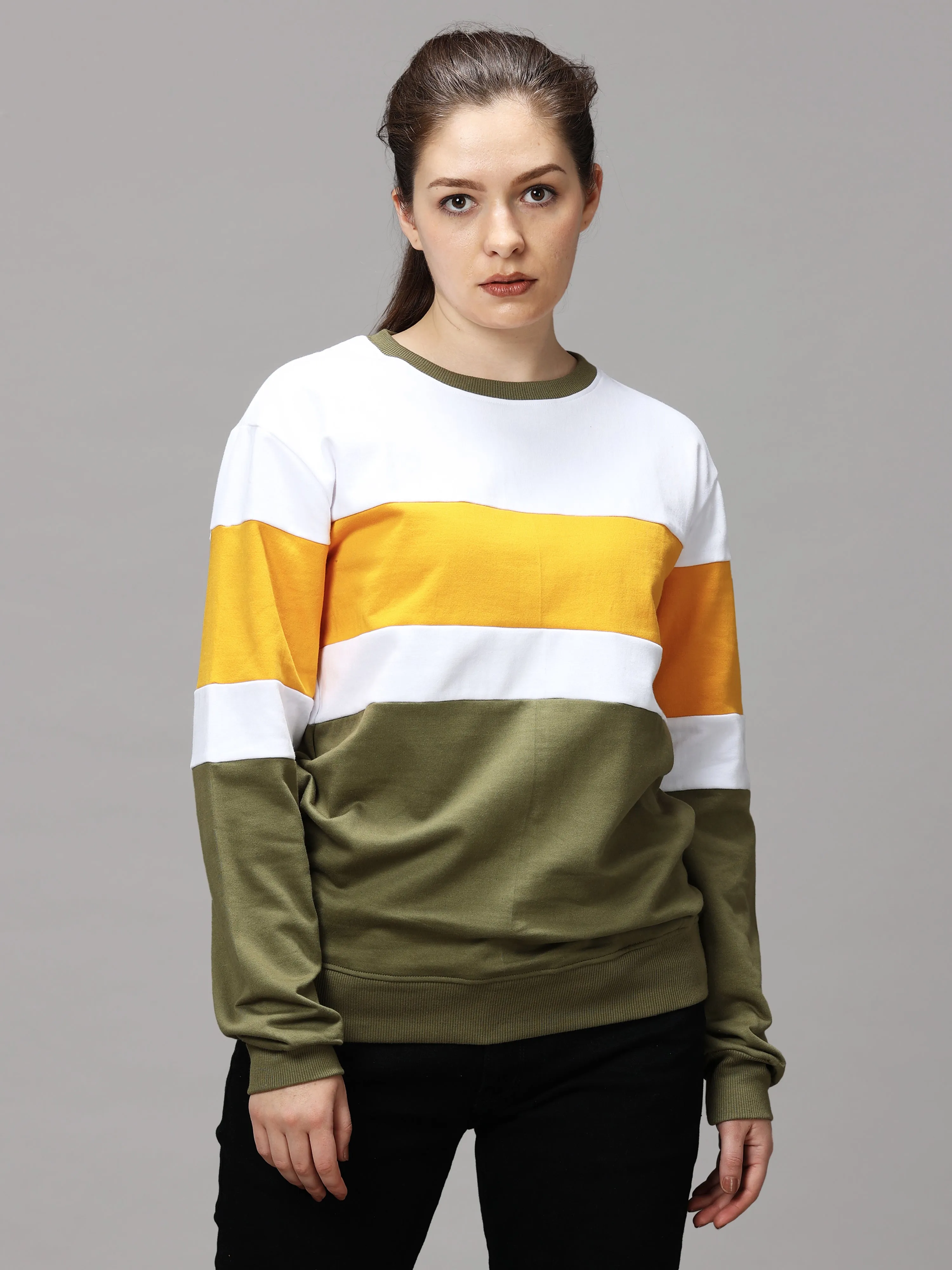 The Greenage Girl Solid Long Yellow White Sweat Shirt