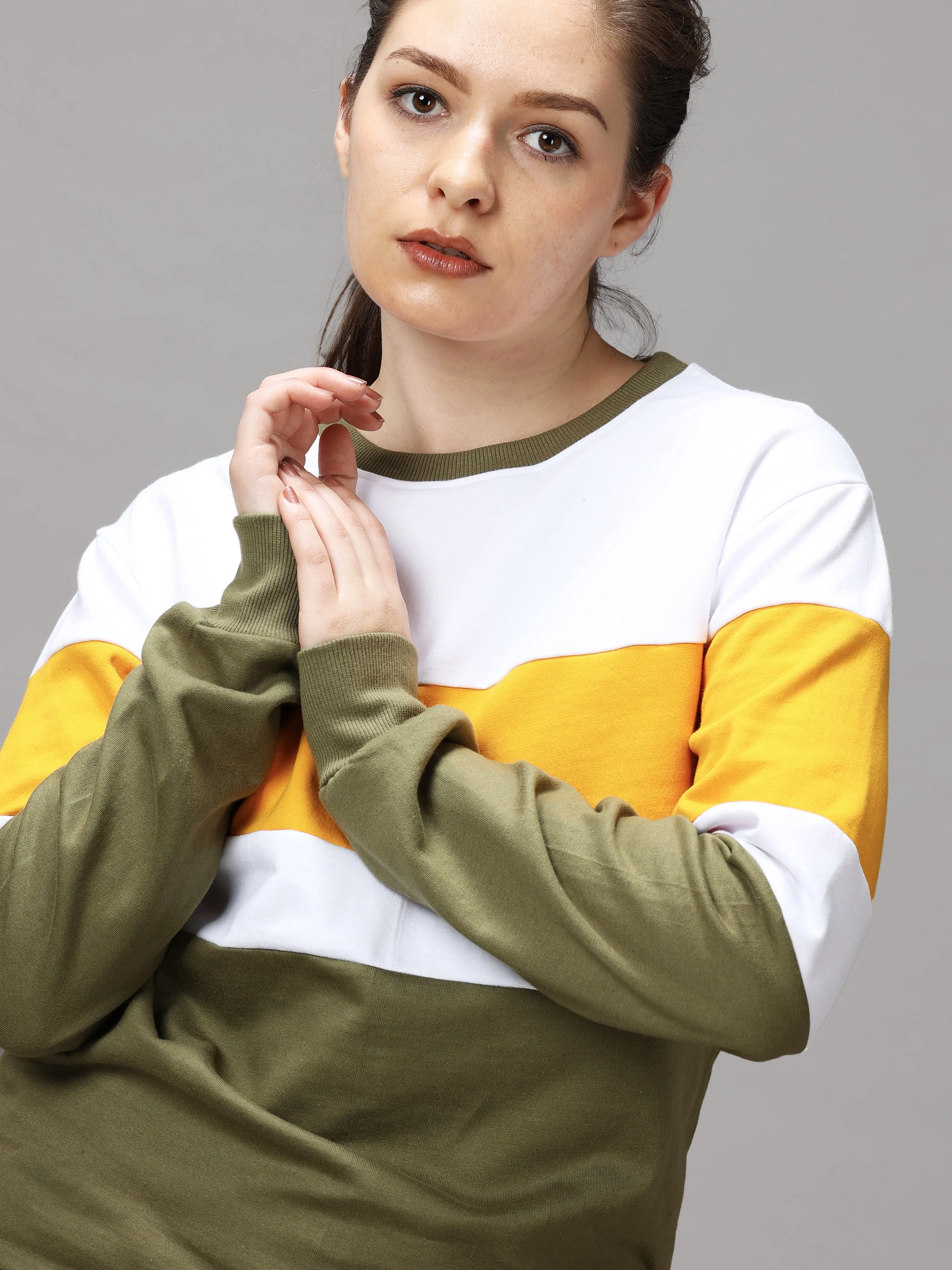 The Greenage Girl Solid Long Yellow White Sweat Shirt