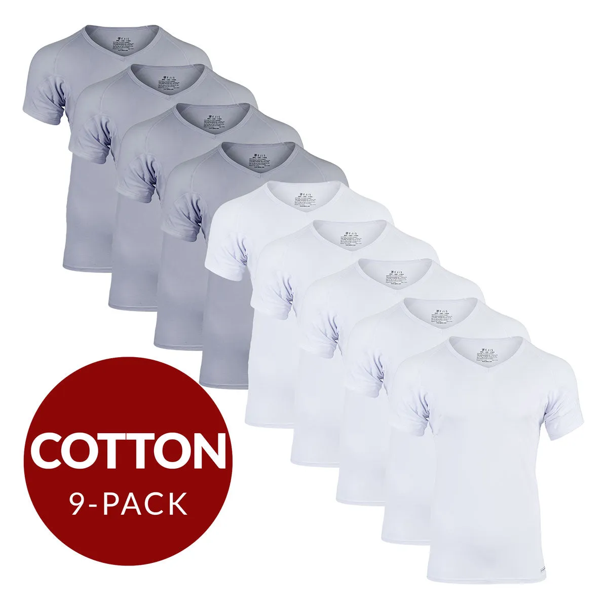 V-Neck Cotton Sweat Proof Undershirt For Men - Mix 9-Pack (5x White, 4x Grey)